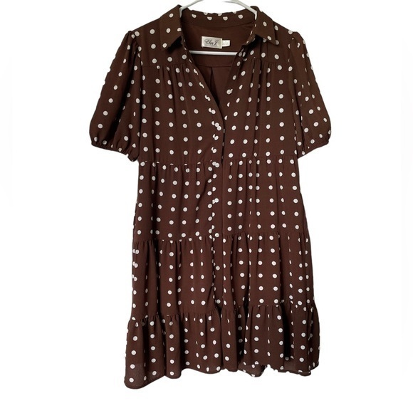 Eliza J Dresses & Skirts - Eliza J Polka Dot Shirt Dress Shirtdress Collared Brown and White Size 4 EUC
